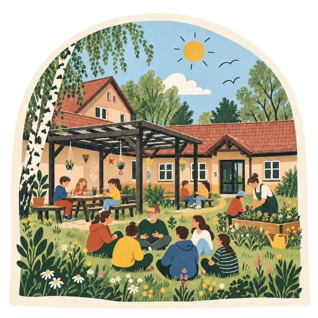 Ilustracja: dzieci i dorośli rozmawiają, uczą się i pielęgnują ogród przy szkole.