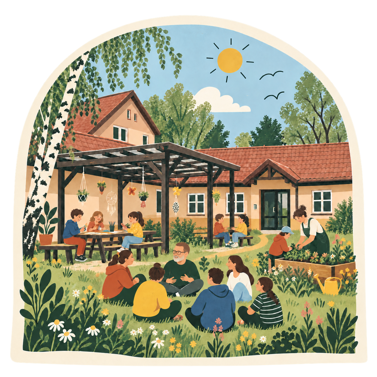 Ilustracja: dzieci i dorośli rozmawiają, uczą się i pielęgnują ogród przy szkole.
